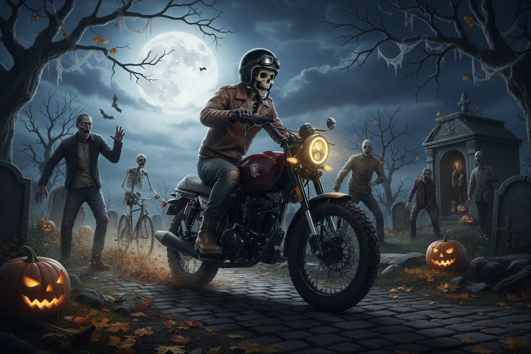 A skeleton riding the CSC SG250 Scrambler through a graveyard