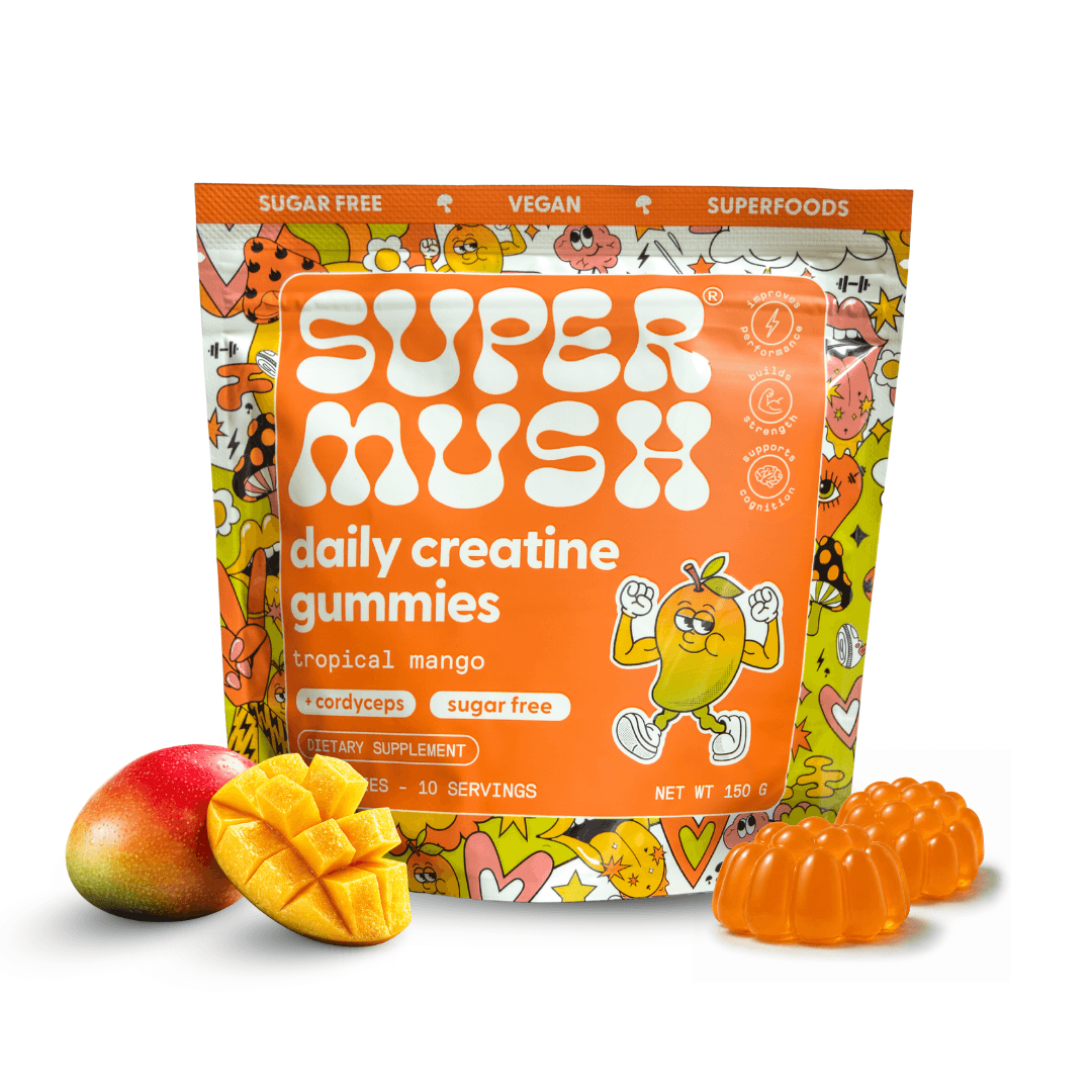 SuperMush Daily Creatine Gummies — Tropical Mango, free 30-count bag