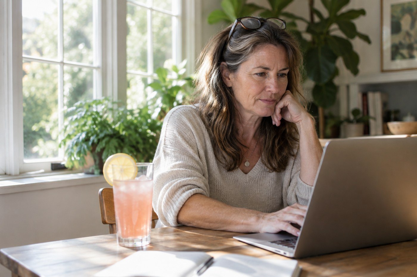 Woman focused at her laptop with a glass of strawberry lemonade