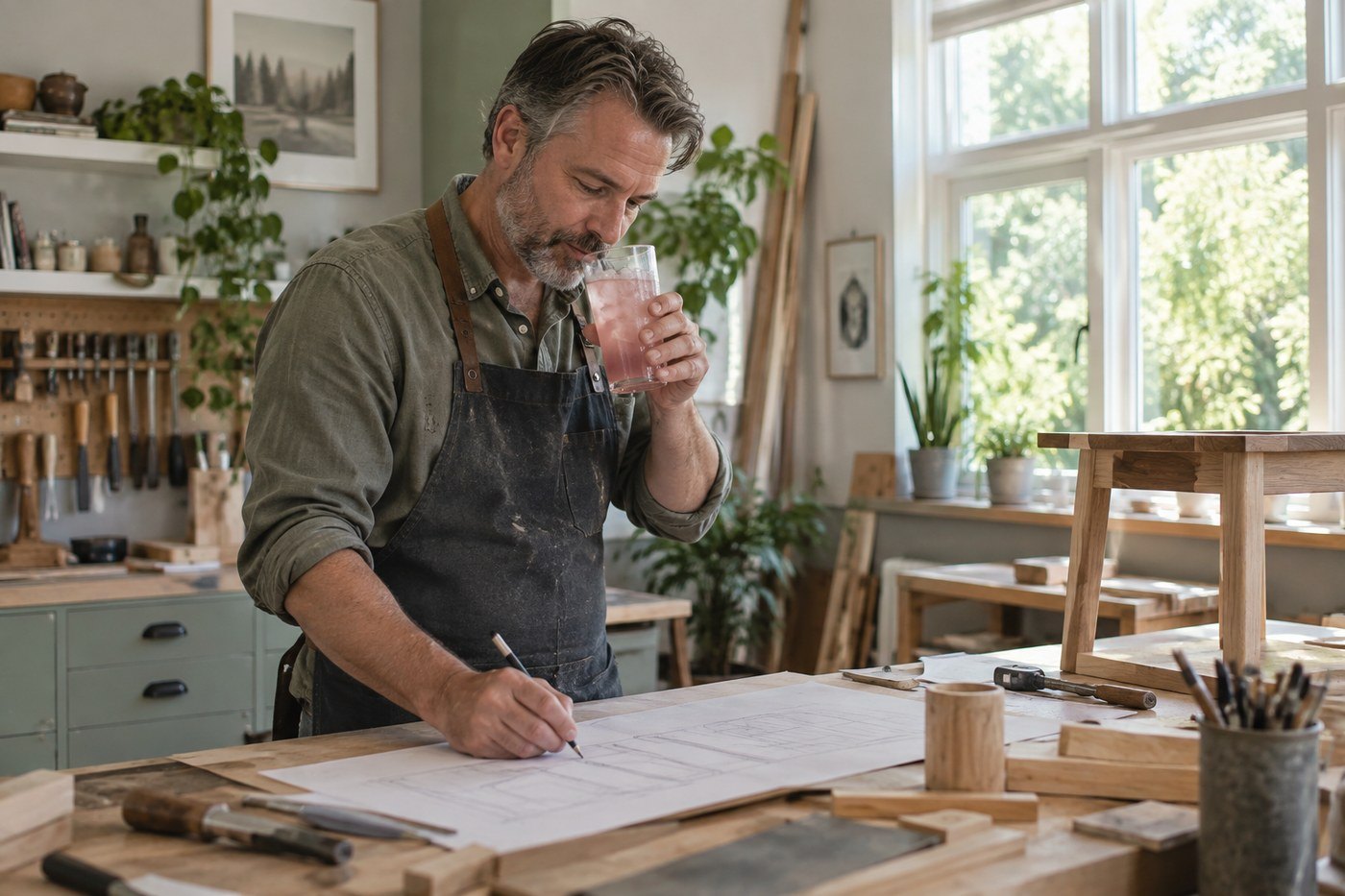 Man in his workshop sipping OnSwitch strawberry lemonade