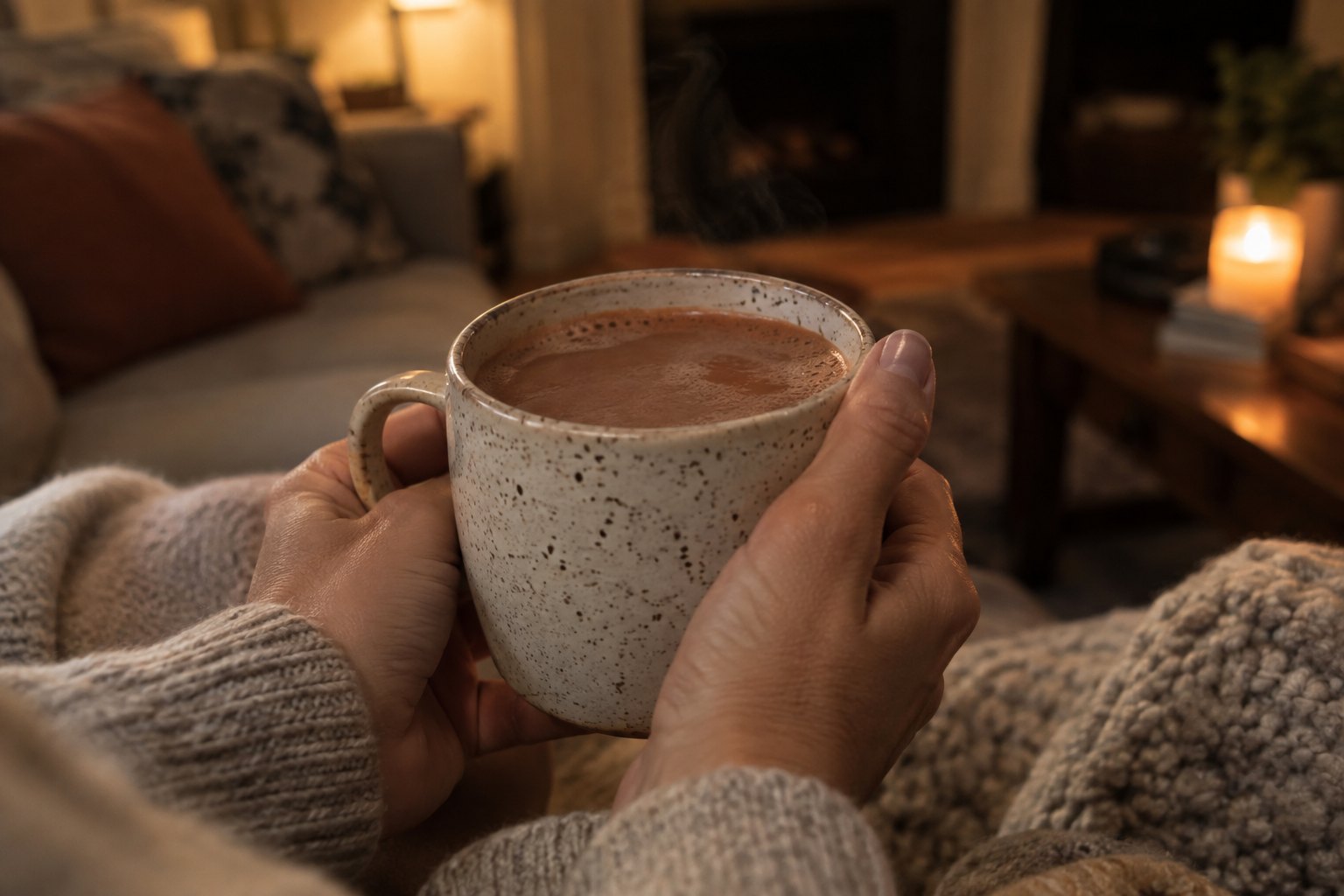 Hands holding a ceramic mug of hot cocoa in the evening