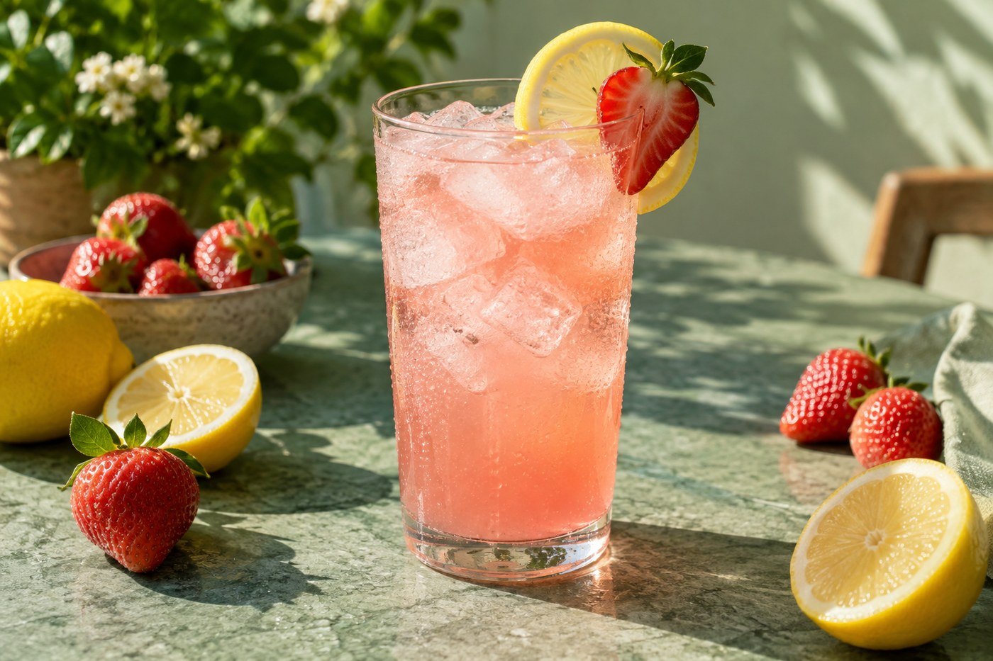 A glass of strawberry lemonade with ice, strawberries and lemon