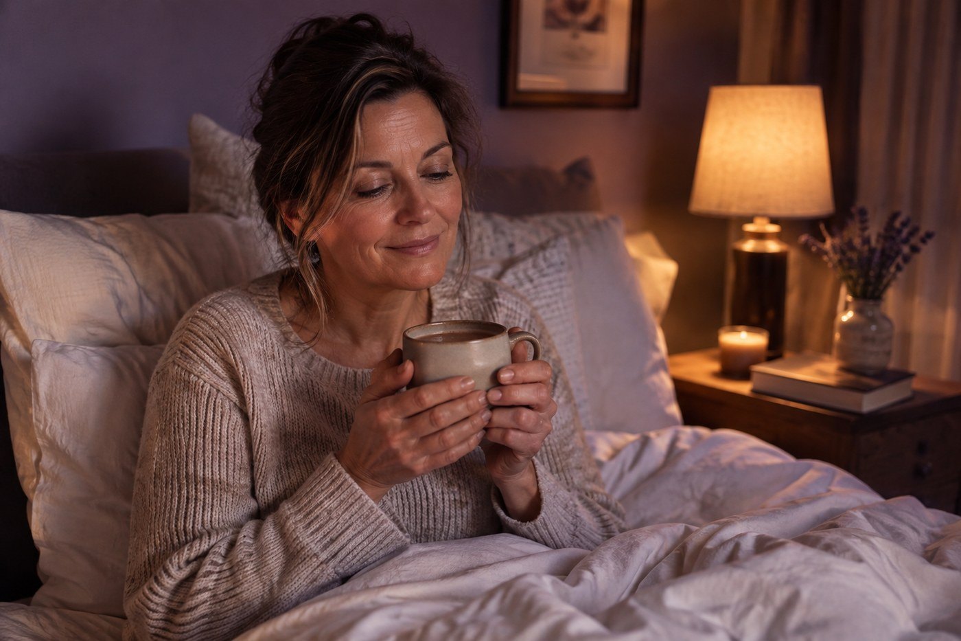 Woman in bed in the evening holding a mug of hot cocoa