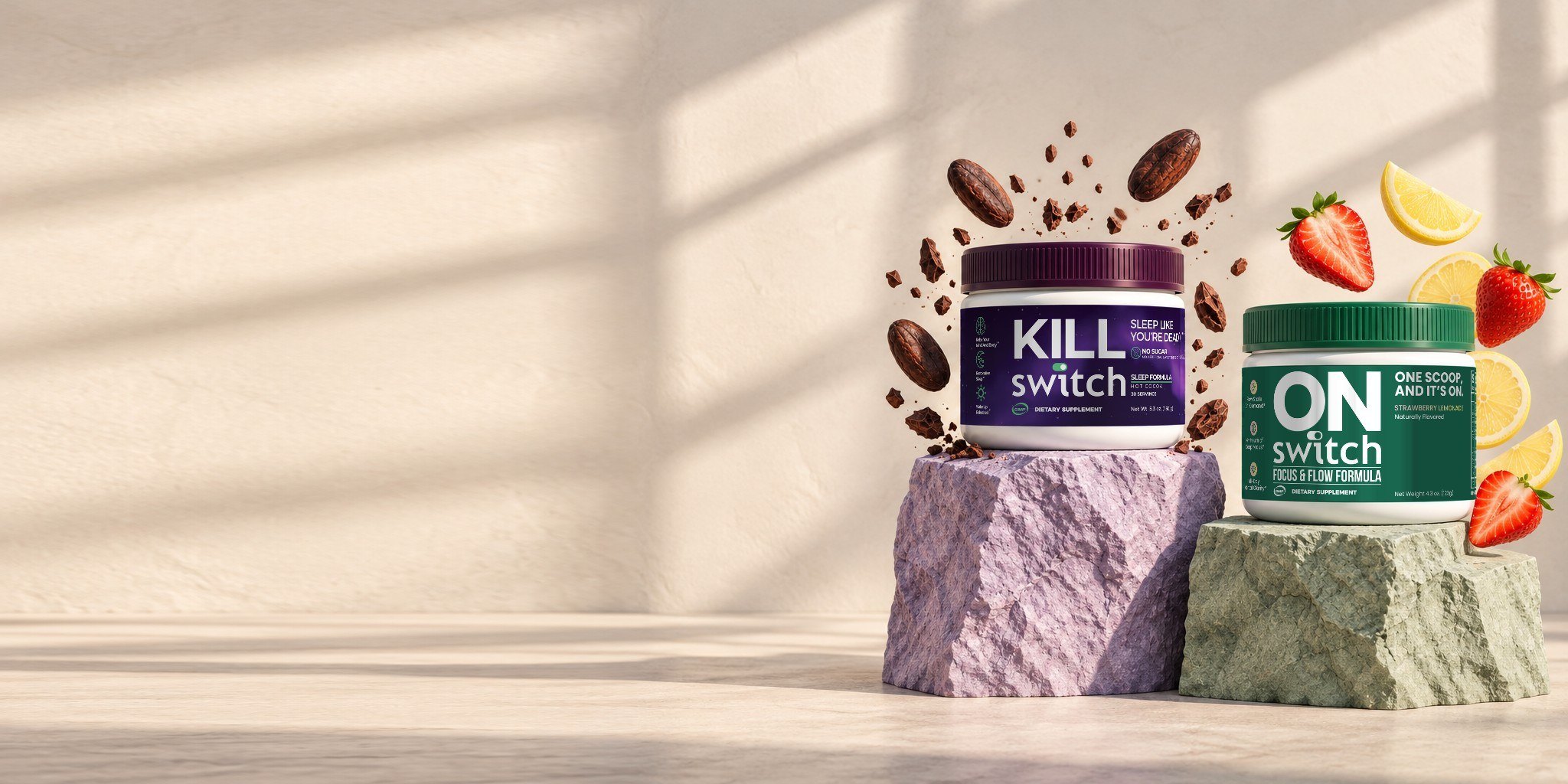 KillSwitch and OnSwitch on stone podiums with cacao, strawberries and lemon