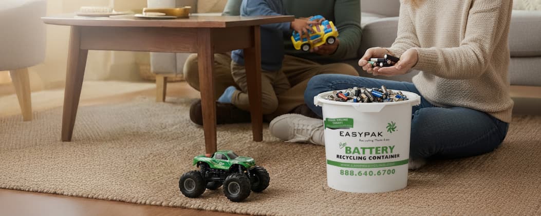 Used batteries dumped in a recycling bucket