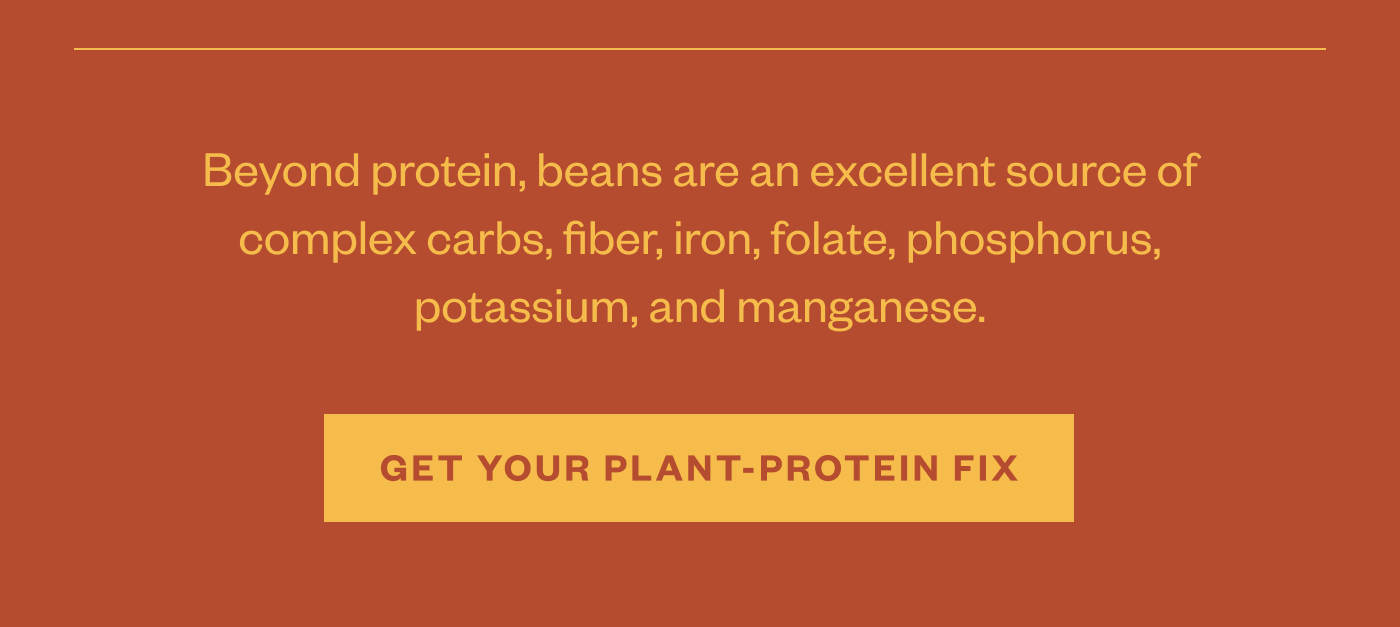Beyond protein, beans are an excellent source of complex carbs, fiber, iron, folate, phosphorus, potassium, and manganese.