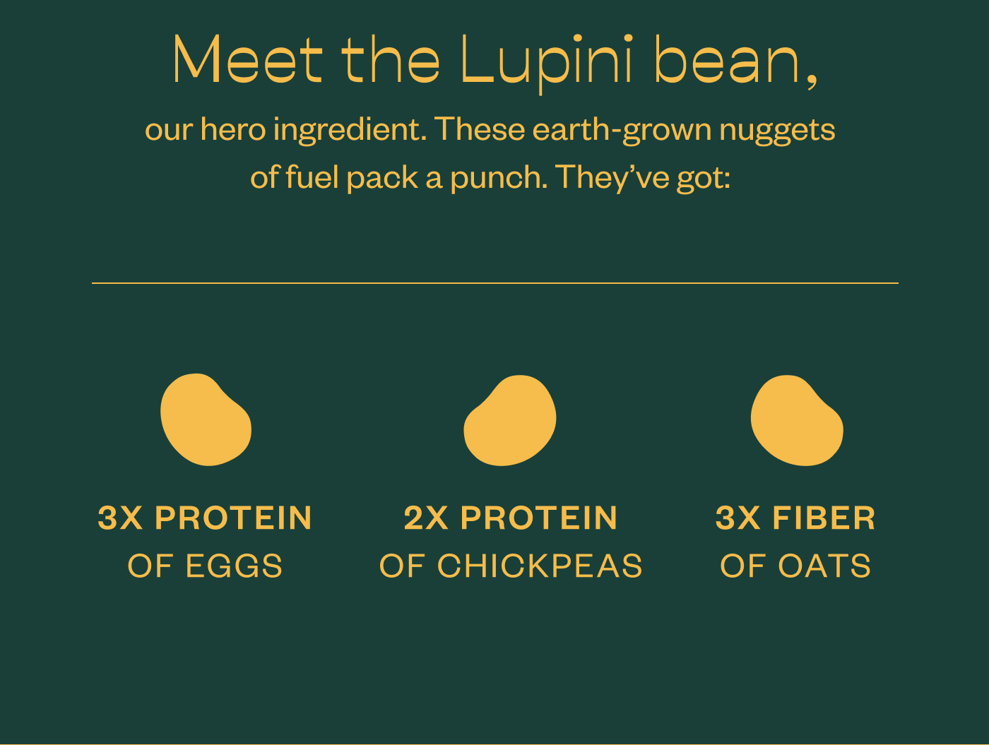 Meet the Lupini bean, our hero ingredient. These earth-grown nuggets of fuel pack a punch. They've got: 3x protein of eggs, 2x protein of chickpeas, 3x fiber of oats.
