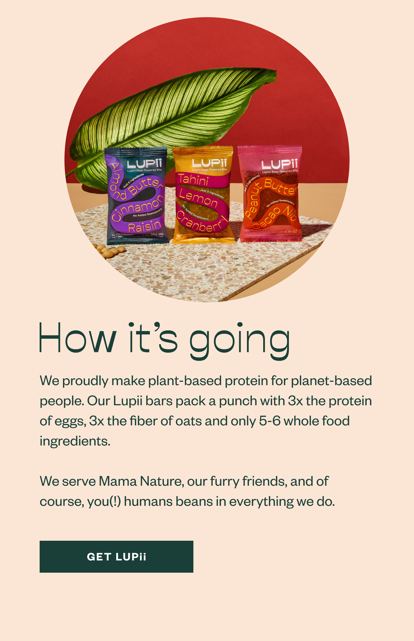 How it's going- We proudly make plant-based protein for planet-based people. Our Lupii bars pack a punch with 3x the protein of eggs, 3x the fiber of oats and only 5-6 whole food ingredients. We serve Mama Nature, our furry friends, and of course, you(!) human beans in everything we do. Get Lupii