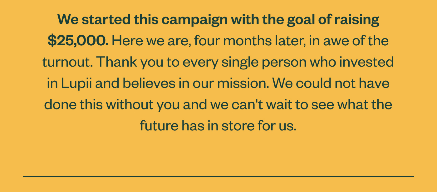We started this campaign with the goal of raising $25,000. Here we are, four months later, in awe of the turnout. Thank you to every single person who invested in Lupii and believes in our mission. We could not have done this without you and we can't wait to see what the future has in store for us.