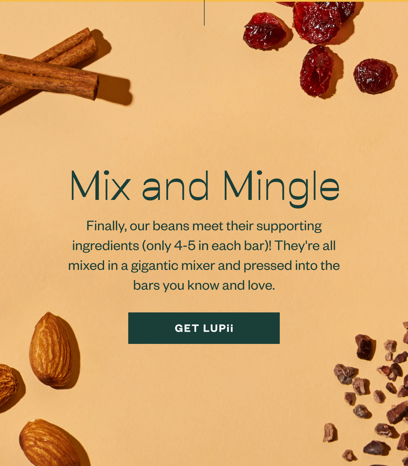 Mix and Mingle. Finally, our beans meet their supporting ingredients (only 4-5 in each bar)! They're all mixed in a gigantic mixer and pressed into the bars you know and love. Get Lupii
