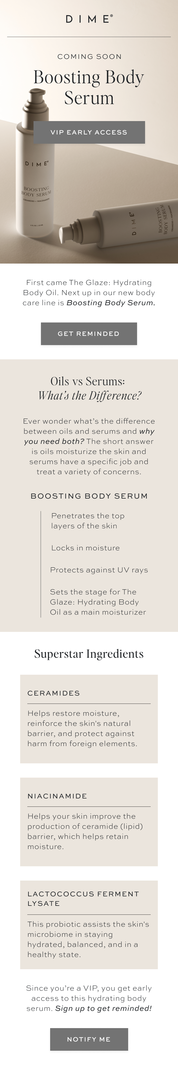 Coming soon Boosting Body Serum. Dime Beauty