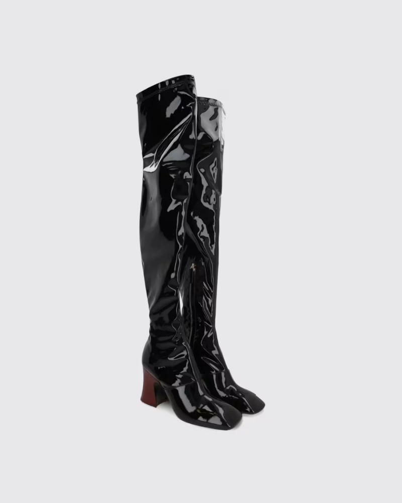 Chloe patent leather knee-high boots in black at Century 21 NYC