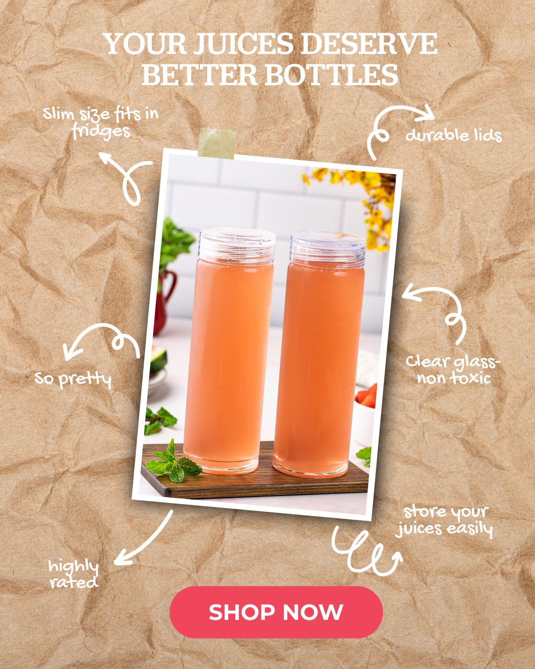 Glass Juice Bottles- Skinny Series with Clear Lids
