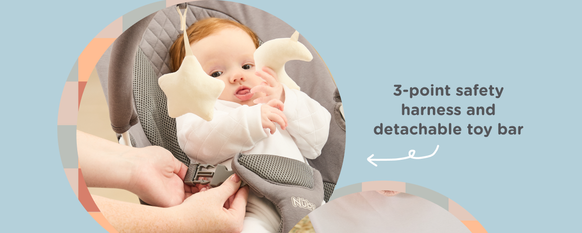 3-point safety harness and detachable toy bar