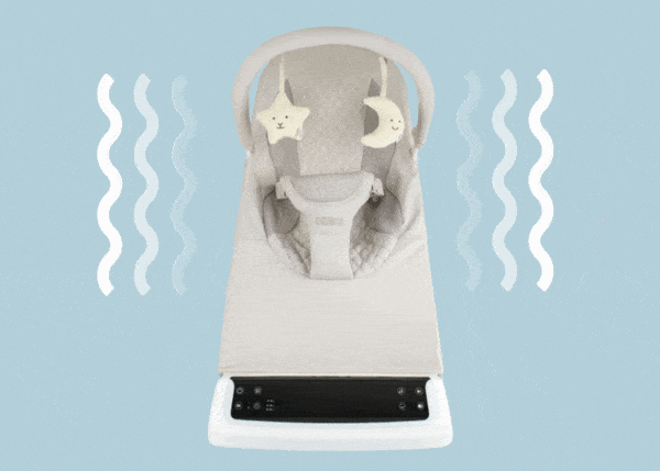 Our favorite part? Dual power. (Gif of baby bouncer with animated lines showing vibration).