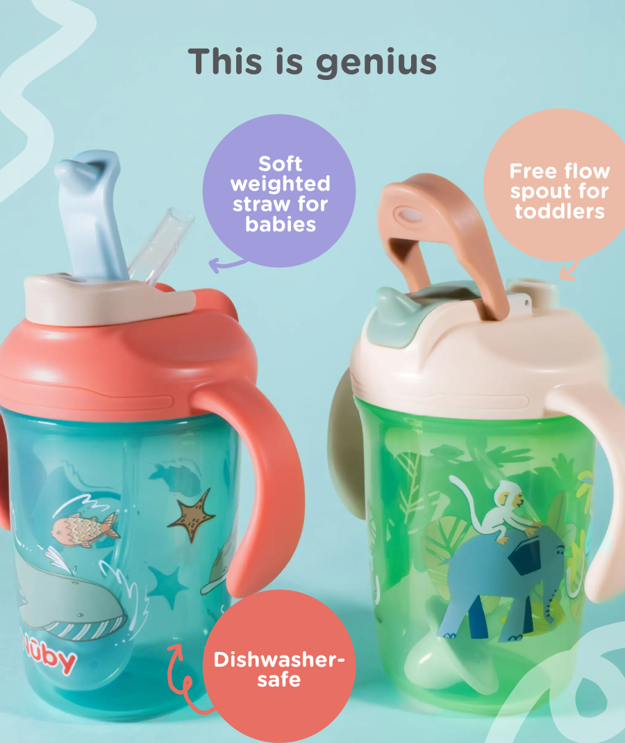 Featuring a soft weighted straw for babies and a free flow spout for toddlers. Plus, this cup is dishwasher safe!