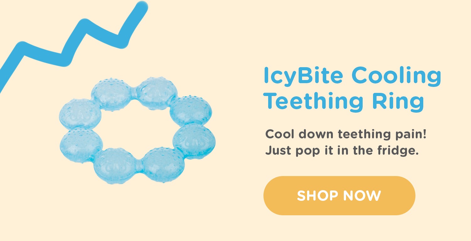 IcyBite Cooling Teething Ring - cool down teething pain! Just pop it in the fridge.