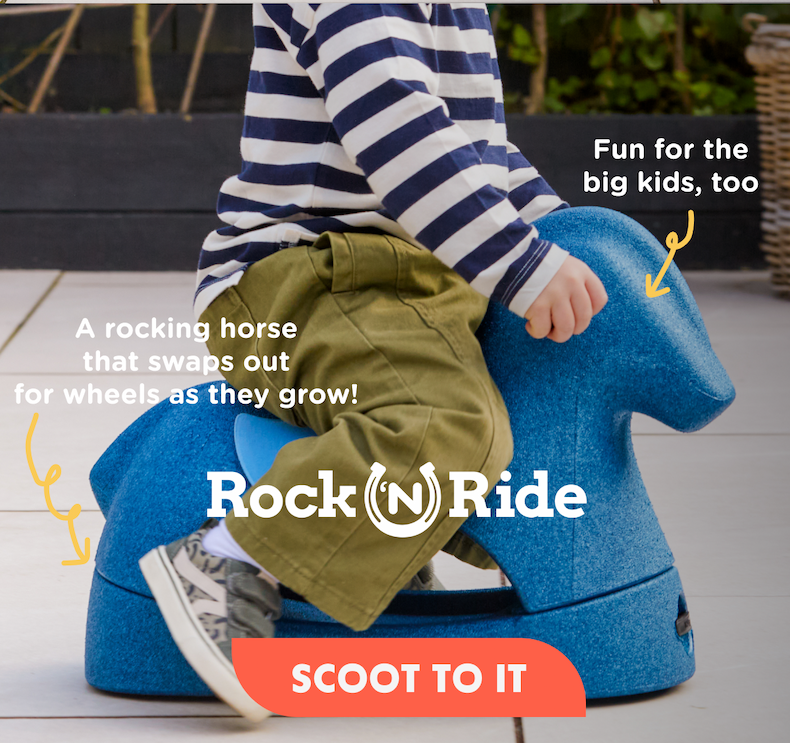Shop the Rock 'N Ride - a rocking horse that swaps out for wheels as they grow! Plus, fun for the big kids, too. Shop it now.