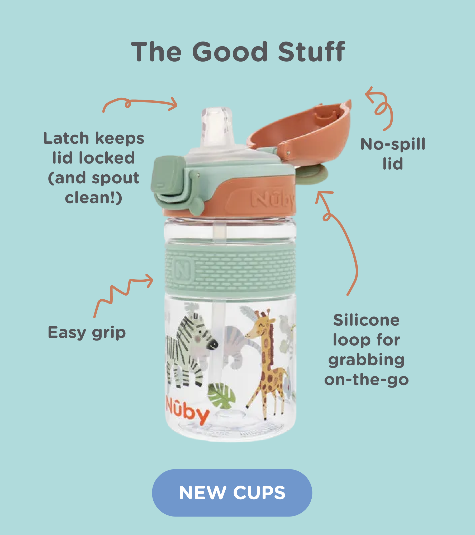 The Good Stuff: The latch keeps the no-spill lid locked and the spout clean. Easy to grip and a silicone loop for grabbing on-the-go. Shop new cups!