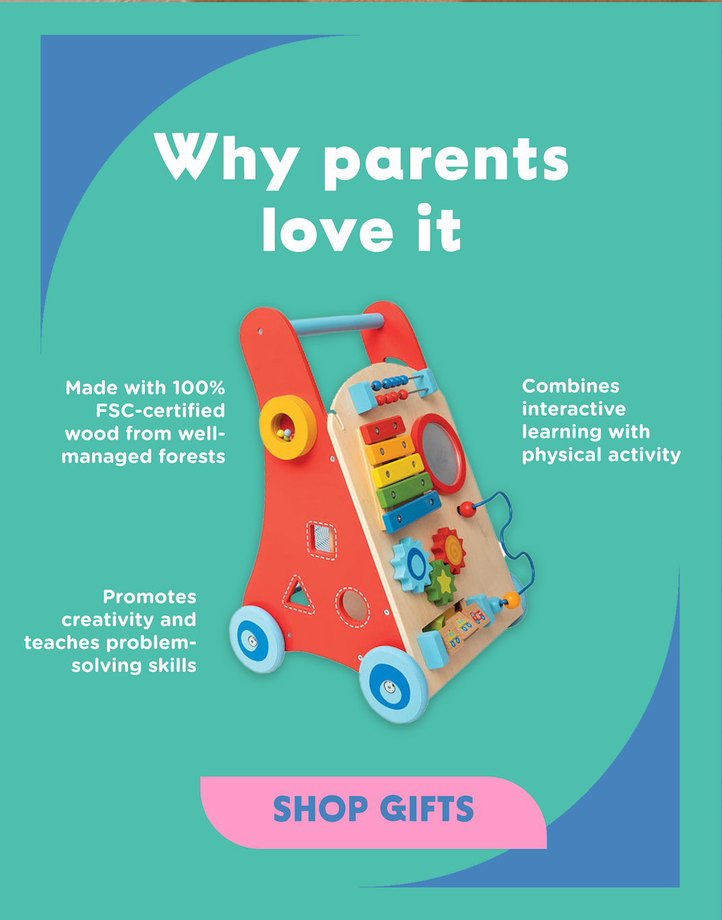 Why parents love it - made with 100% FSC-certified wood, combines interactive learning with physical activity, and promotes creativity