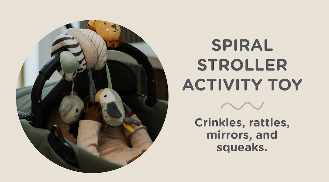 Spiral Stroller Activity Toy: Crinkles, rattles, mirrors, and squeaks.
