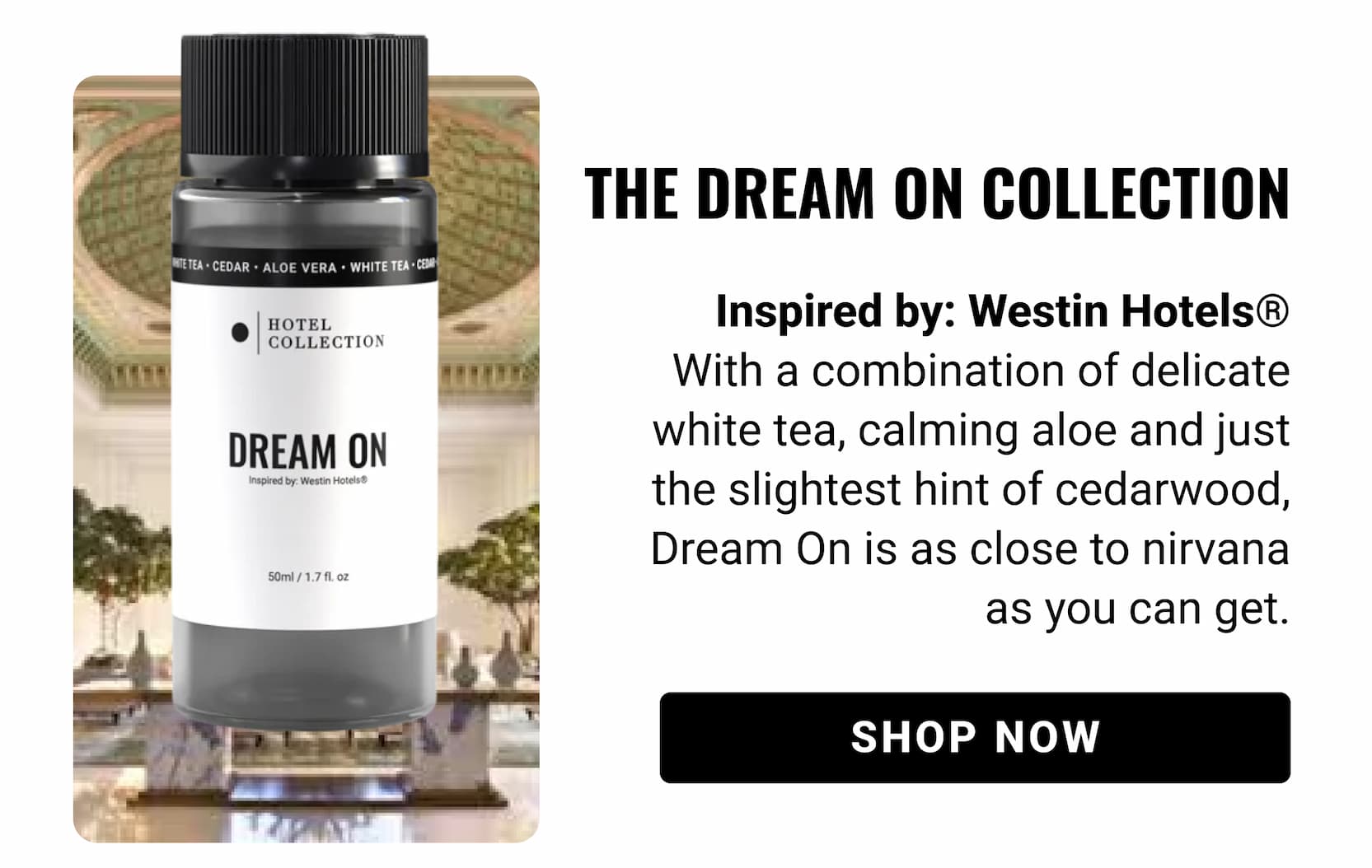 THE DREAM ON COLLECTION | Inspired by: Westin Hotels® With a combination of delicate white tea, calming aloe and just the slightest hint of cedarwood, Dream On is as close to nirvana as you can get. SHOP NOW