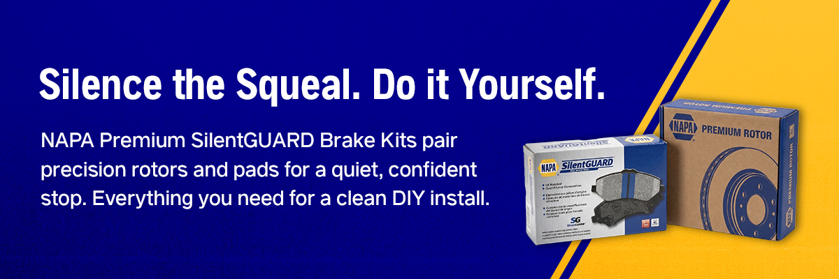 Silence the squeal. Do it yourself. NAPA Premium SilentGUARD Brake Kits pair precision rotors and pads for a quiet, confident stop. Everything you need for a clean DIY install. 