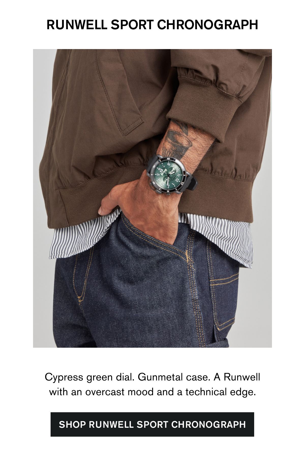 RUNWELL SPORT CHRONOGRAPH | Cypress green dial. Gunmetal case. A Runwell with an overcast mood and a technical edge. | SHOP RUNWELL SPORT CHRONOGRAPH