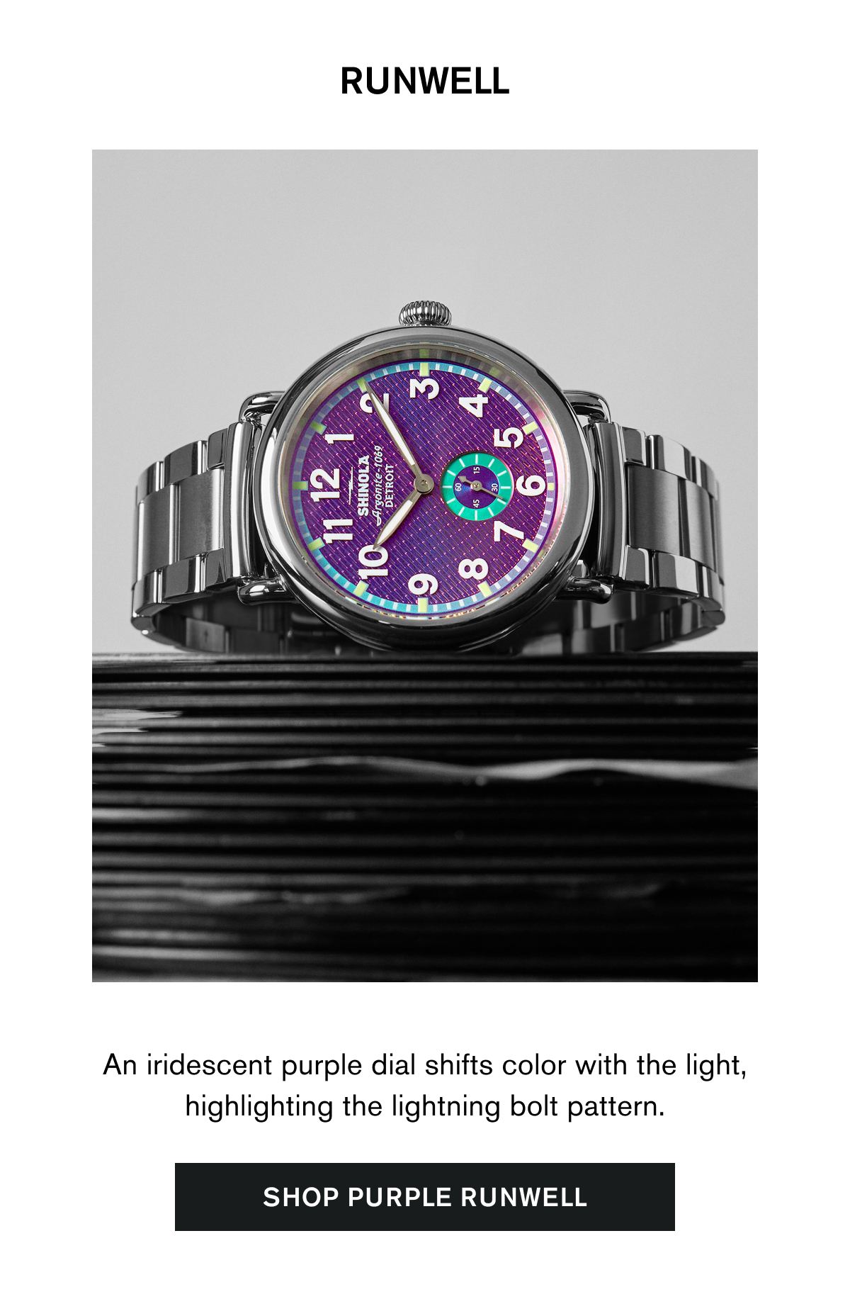 RUNWELL | An iridescent purple dial shifts color with the light, highlighting the lightning bolt pattern. | SHOP PURPLE RUNWELL