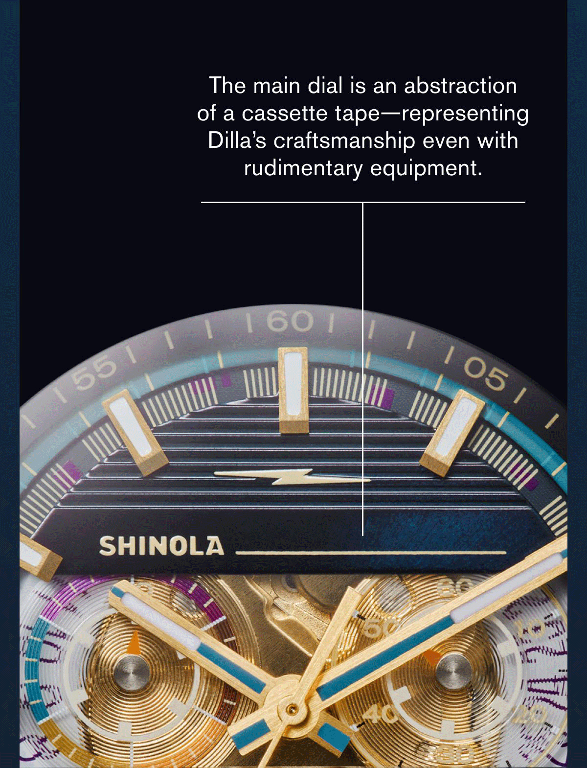 The main dial is an abstraction of a cassette tape—representing Dilla’s craftsmanship even with rudimentary equipment.  Blue PVD Caseback badge with “Dilla Time” motif.
