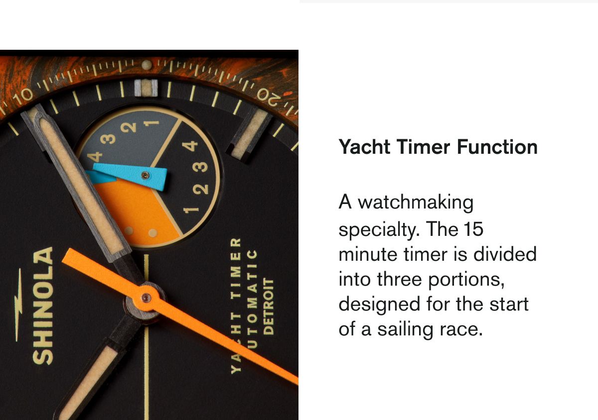 Yacht Timer Function | A watchmaking specialty. The 15 minute timer is divided into three portions, designed for the start of a sailing race.