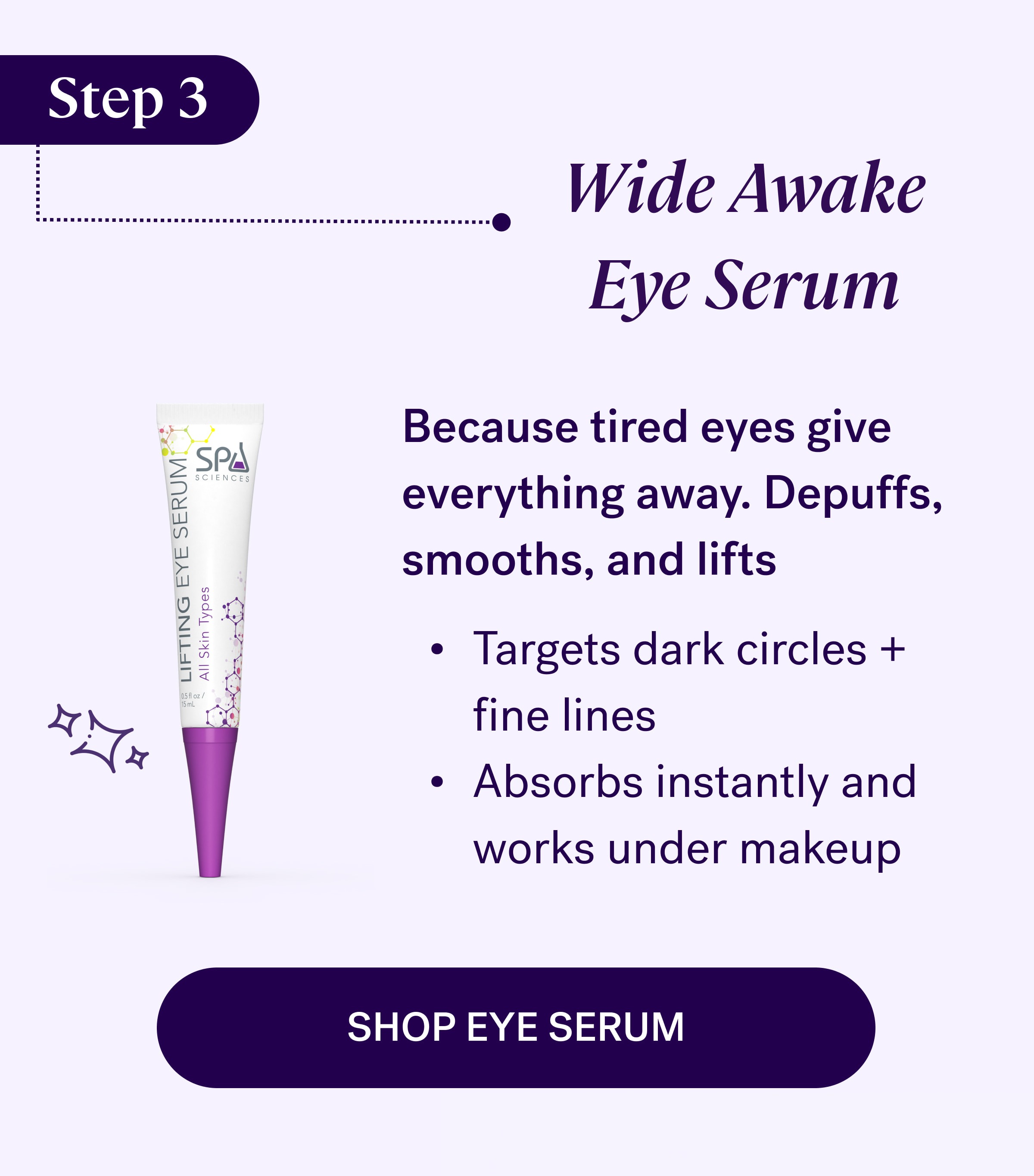 Step 3 Wide Awake Eye Serum Because tired eyes give everything away. Depuffs, smooths, and lifts Targets dark circles + fine lines Absorbs instantly and works under makeup shop eye serum