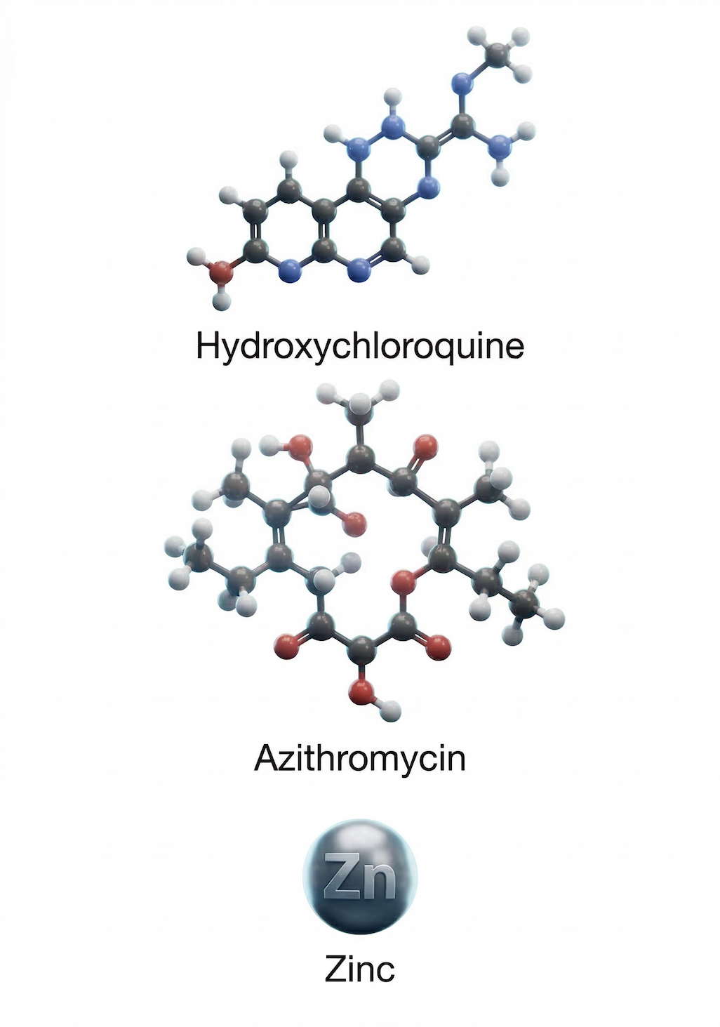 Molecular structures of hydroxychloroquine, azithromycin, and zinc