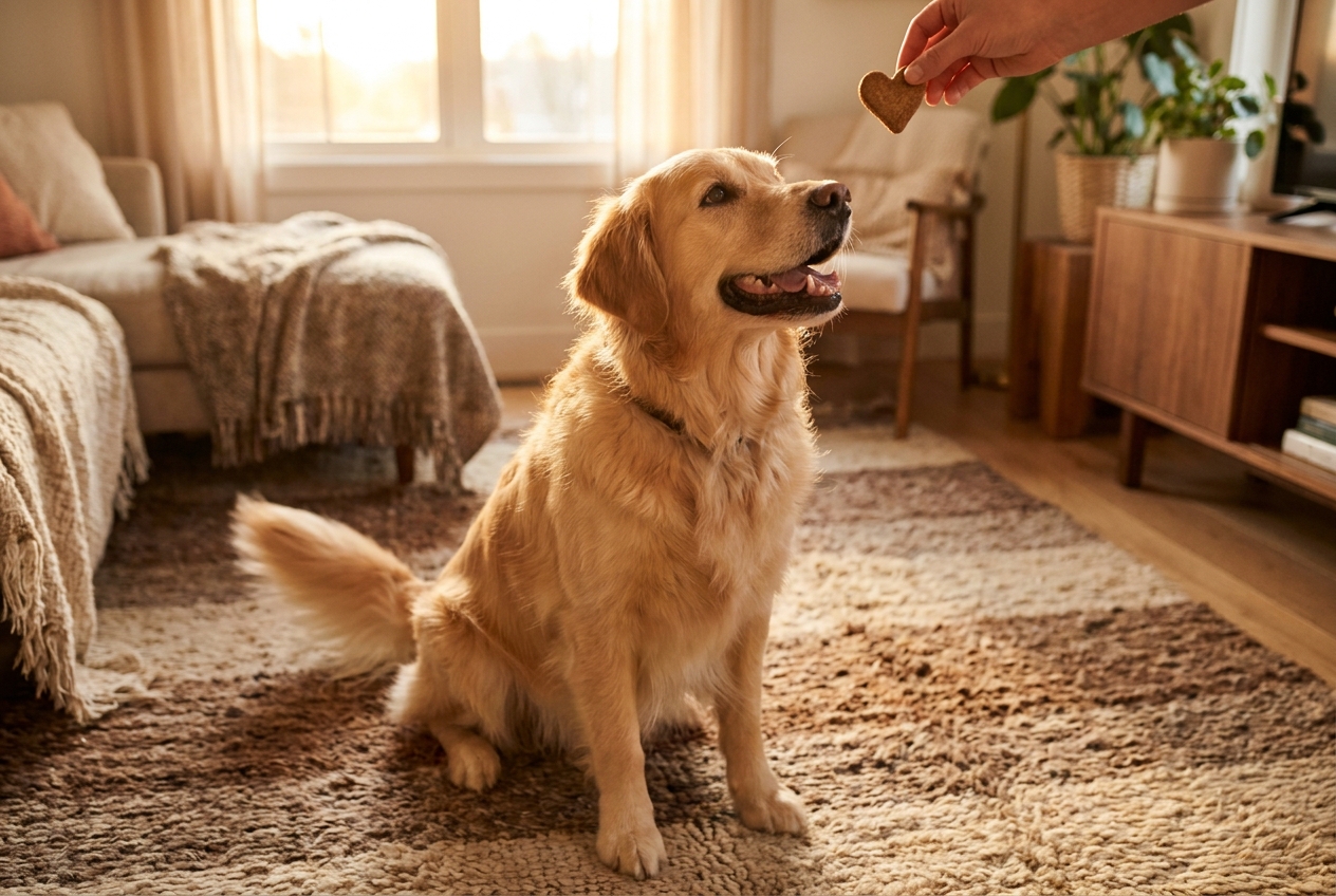 A happy dog waiting for a treat