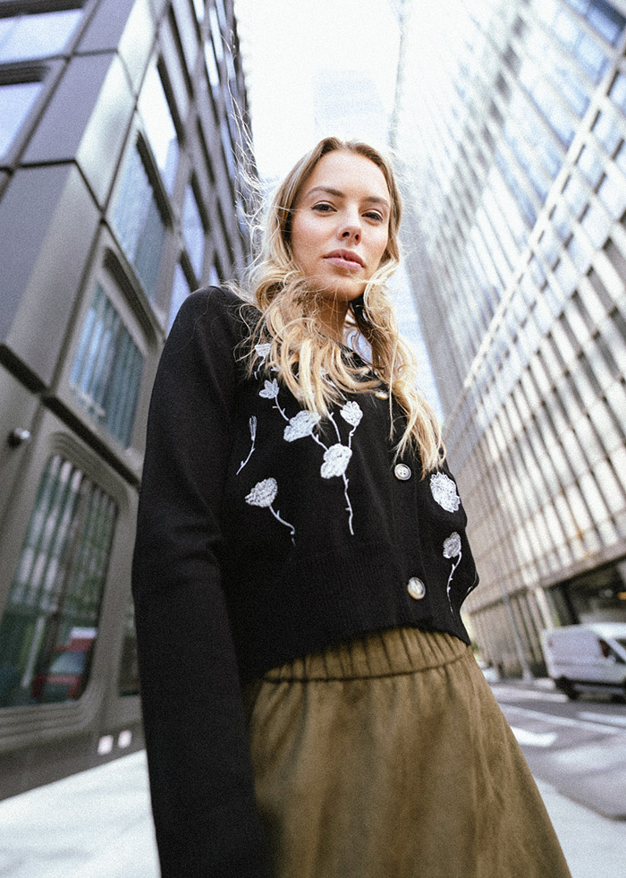 Sleek Black Cardigan with Gold Buttons | Modest Women Clothing