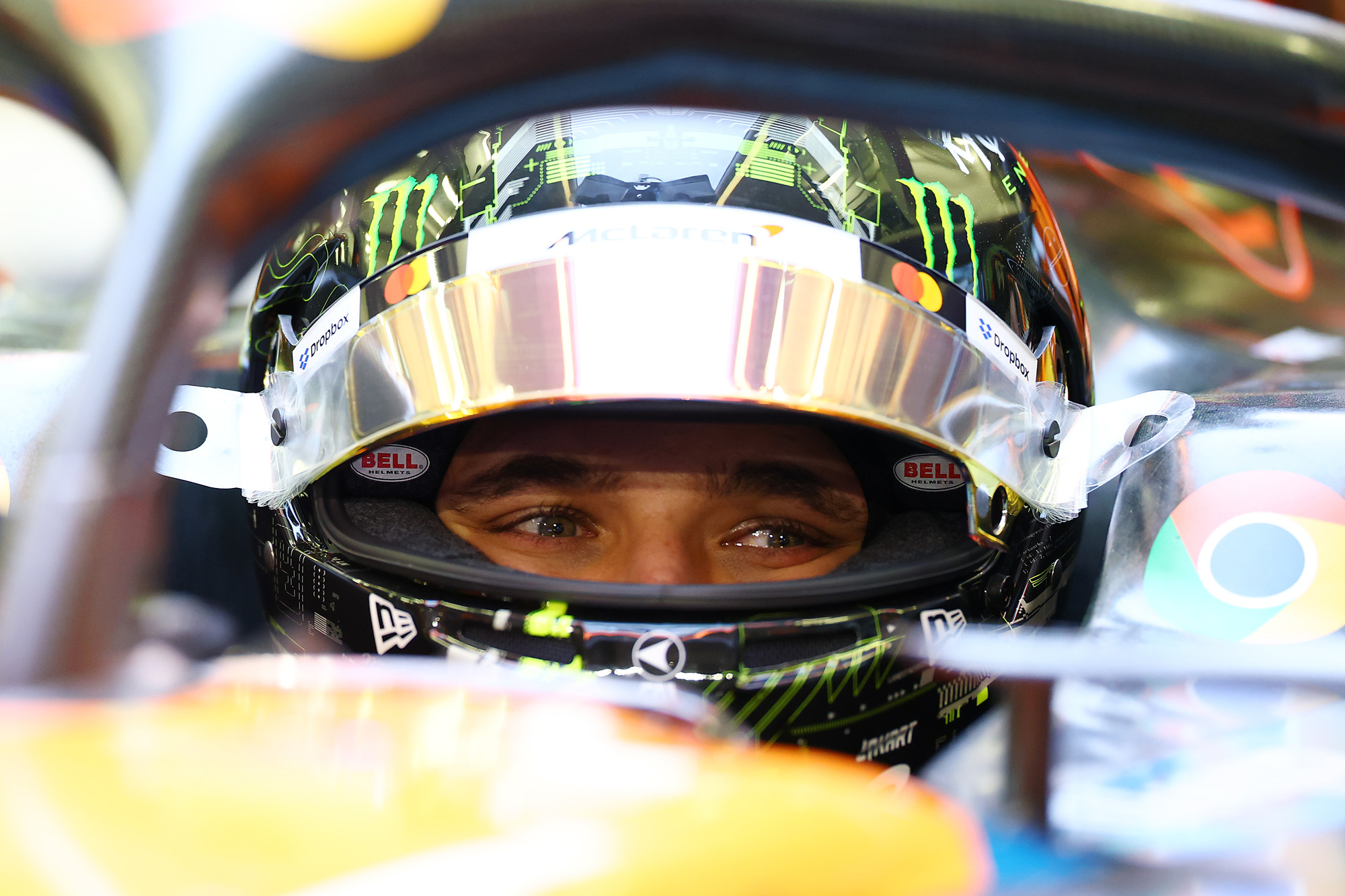 Lando Norris, McLaren, in the cockpit of the 2025 car in McLaren's garage at Bahrain testing