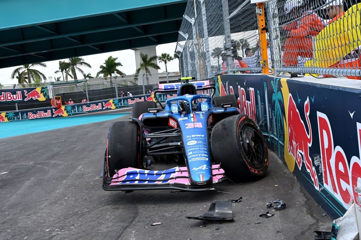 Esteban Ocon Alpine F1 car after 42g impact in Miami
