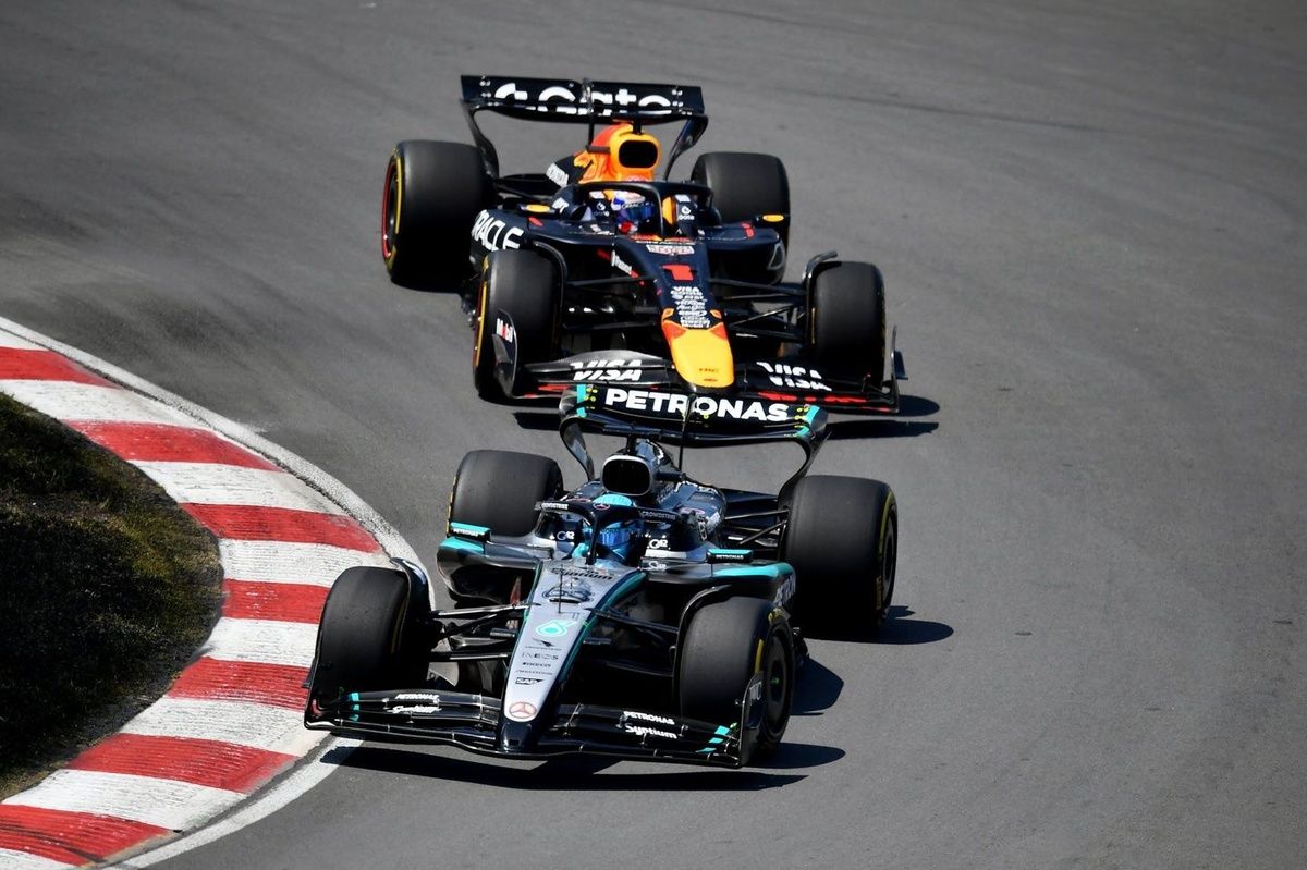 George Russell Mercedes and Max Verstappen Red Bull at 2025 Canadian Grand Prix