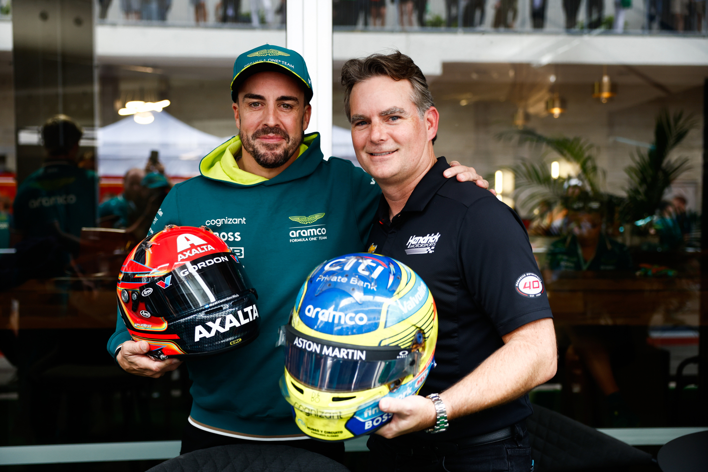 Fernando Alonso, Aston Martin F1 Team, NASCAR star Jeff Gordon swap helmets