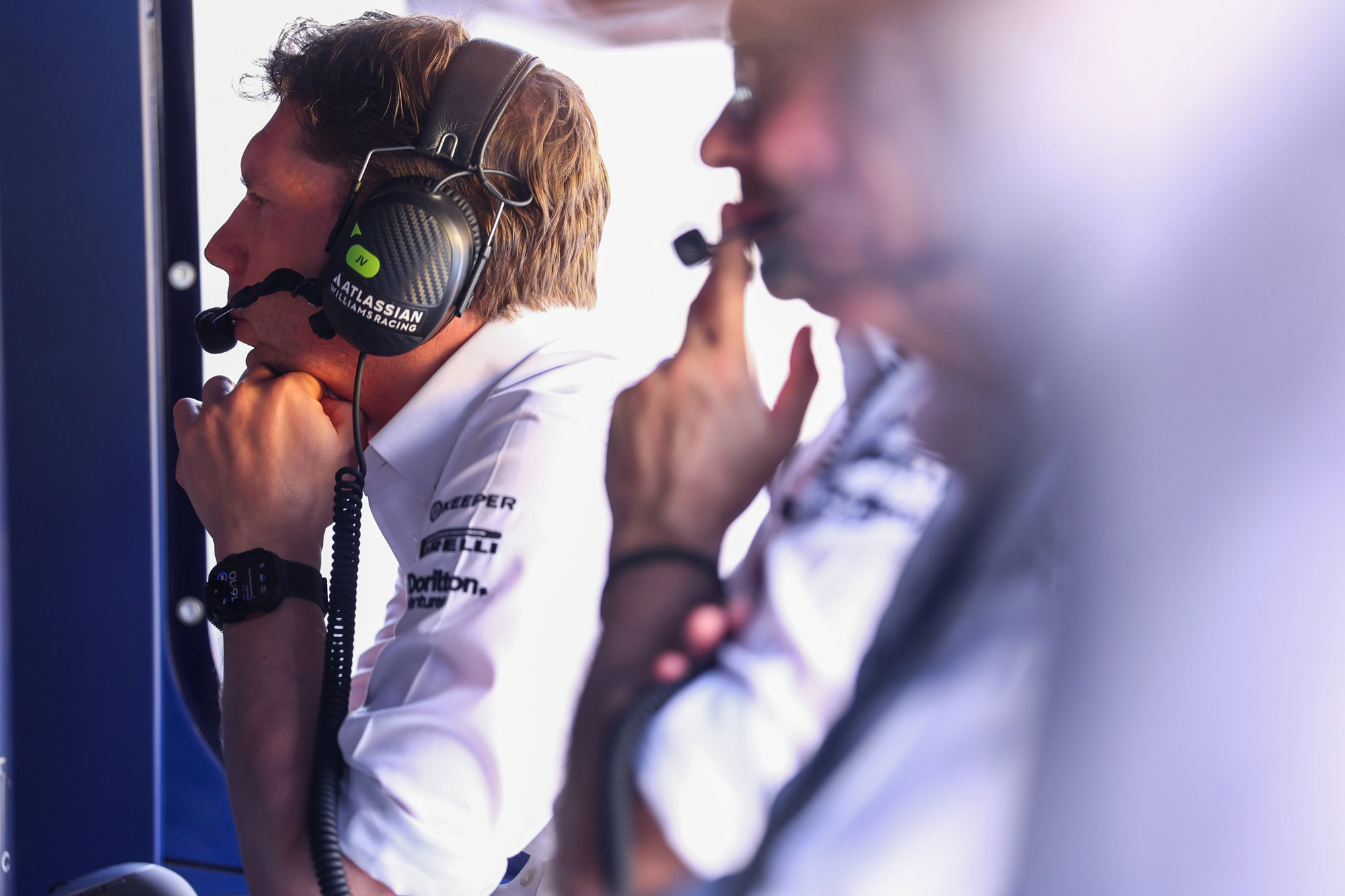James Vowles, Williams looks over data during the Bahrain GP, 2025