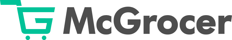  A hero-like brand logo for McGrocer with a teal shopping cart icon followed by the text McGrocer in dark gray.