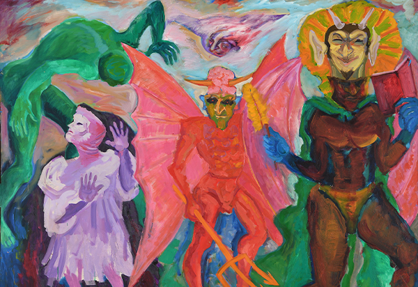 Oil painting by John Lyons, called Before Ash Wednesday. Multicoloured painting with three swirling figures in the foreground.