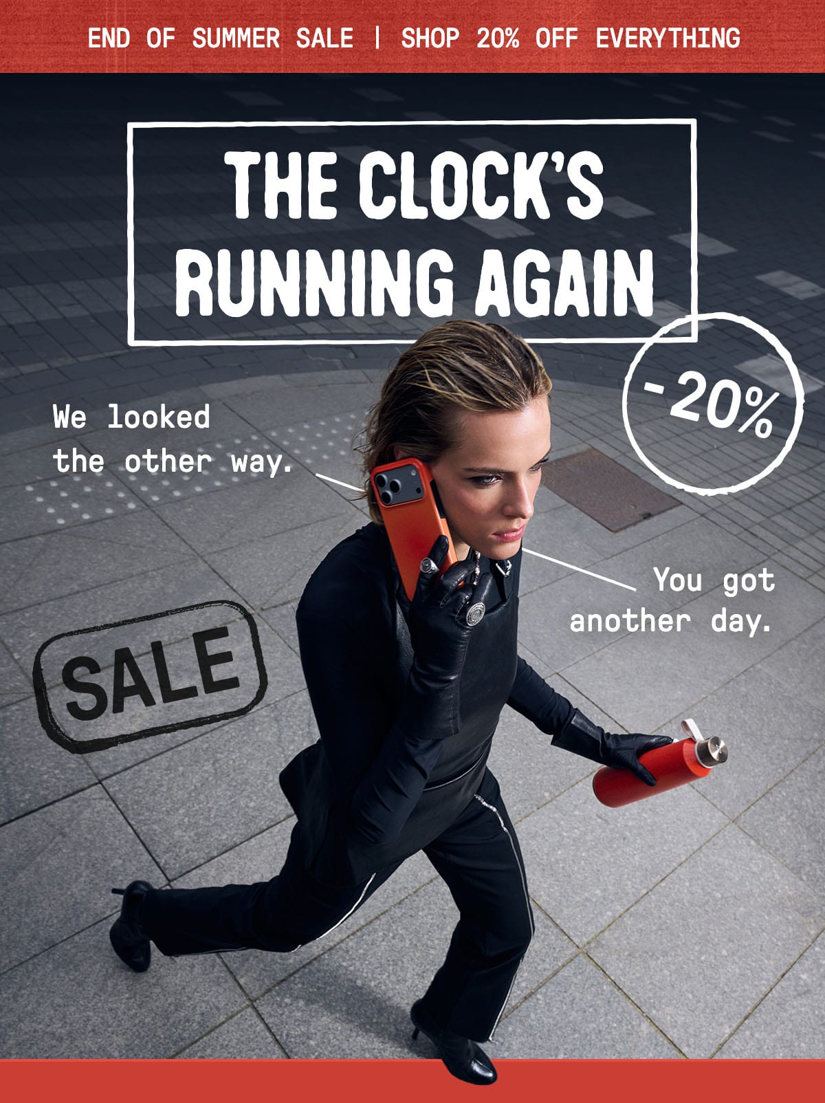 The Clock’s Running Again. Sale up to 20%; a man runs past a SALE sign.