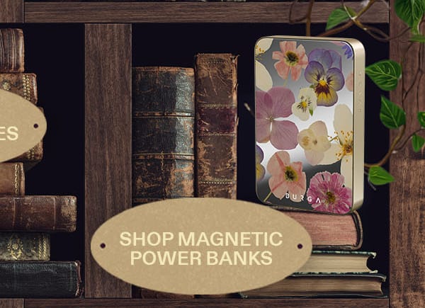 Bookshelf displaying Kindle and phone cases, with signs for Kindle cases and magnetic power banks. (right)
