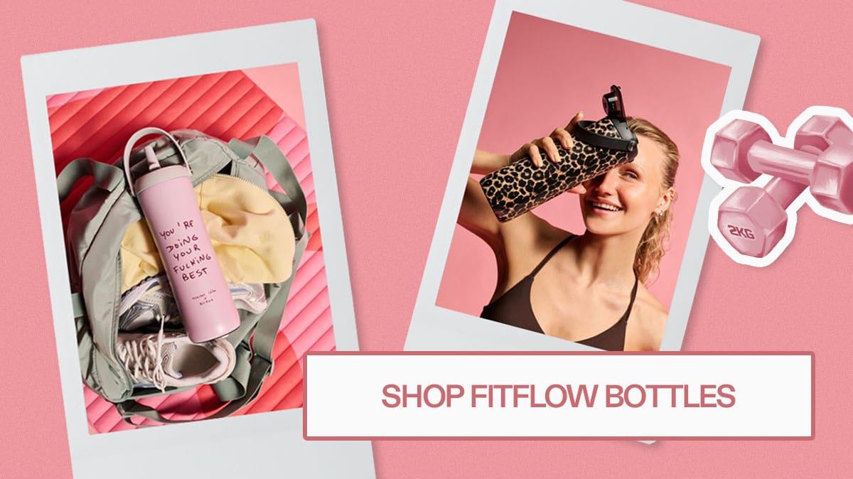Fitness scene with pink protein shaker, gym bag, woman holding leopard print bottle, dumbbells, shop FitFlow bottles button