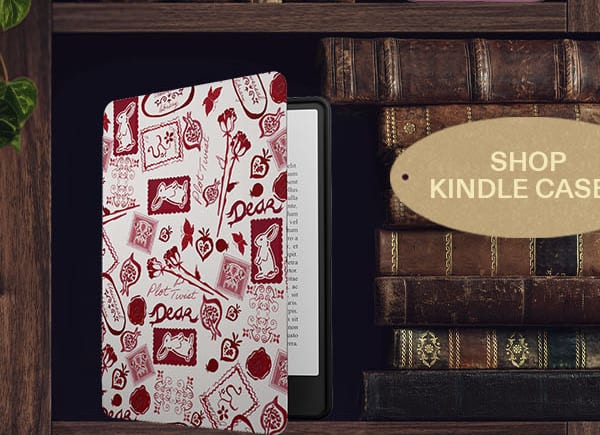 Bookshelf displaying Kindle and phone cases, with signs for Kindle cases and magnetic power banks. (left)