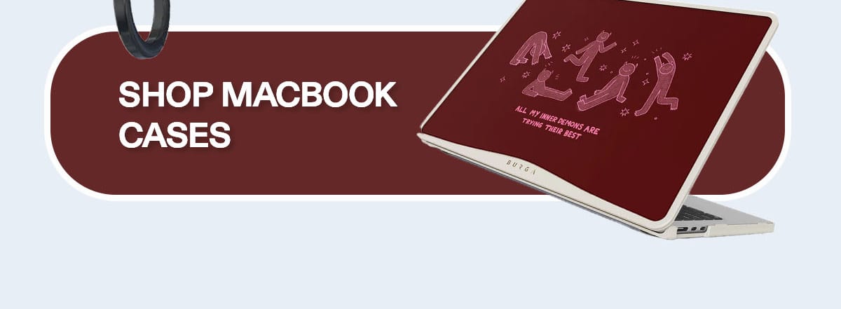 Dark red graphic MacBook case; Shop MacBook Cases button