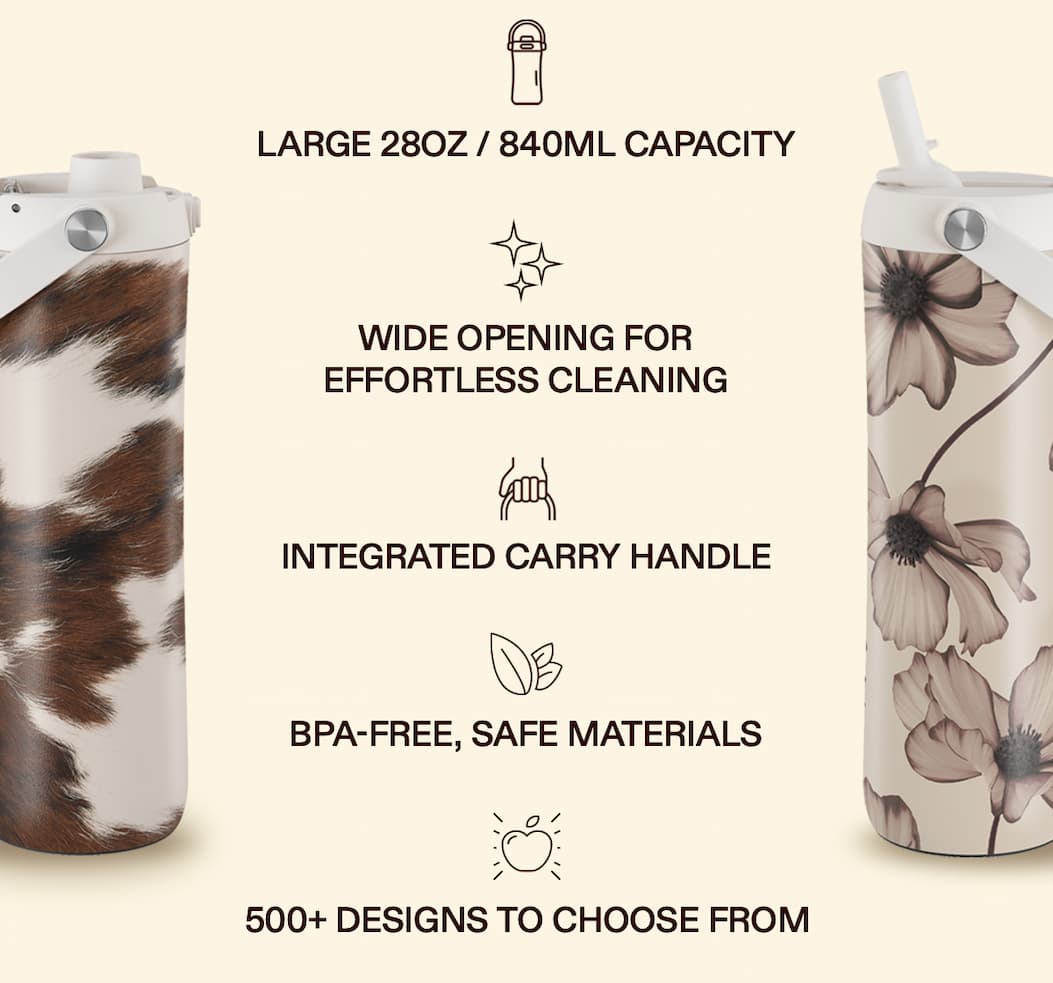 ✓ Large 28oz / 840ml capacity ✓ Wide opening for effortless cleaning ✓ Integrated carry handle ✓ BPA-free, safe materials ✓ 500+ Designs to choose from