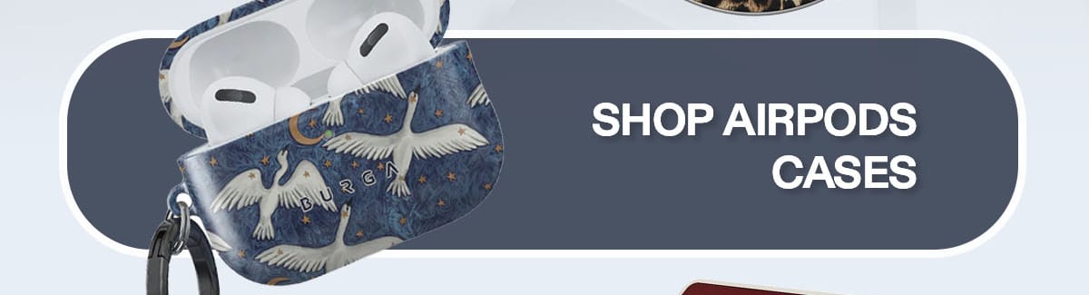 Blue crane-print AirPods case; Shop AirPods Cases button
