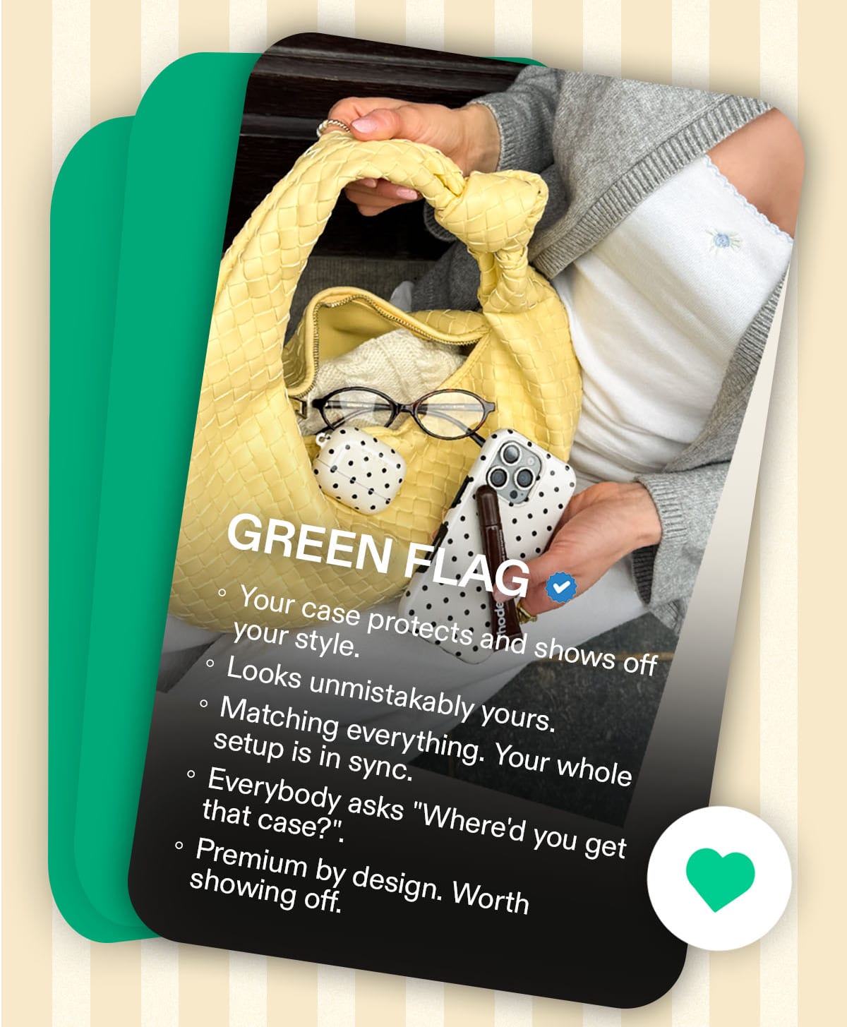 Green Flag card: woven bag with phone case, checklist of style-matching benefits